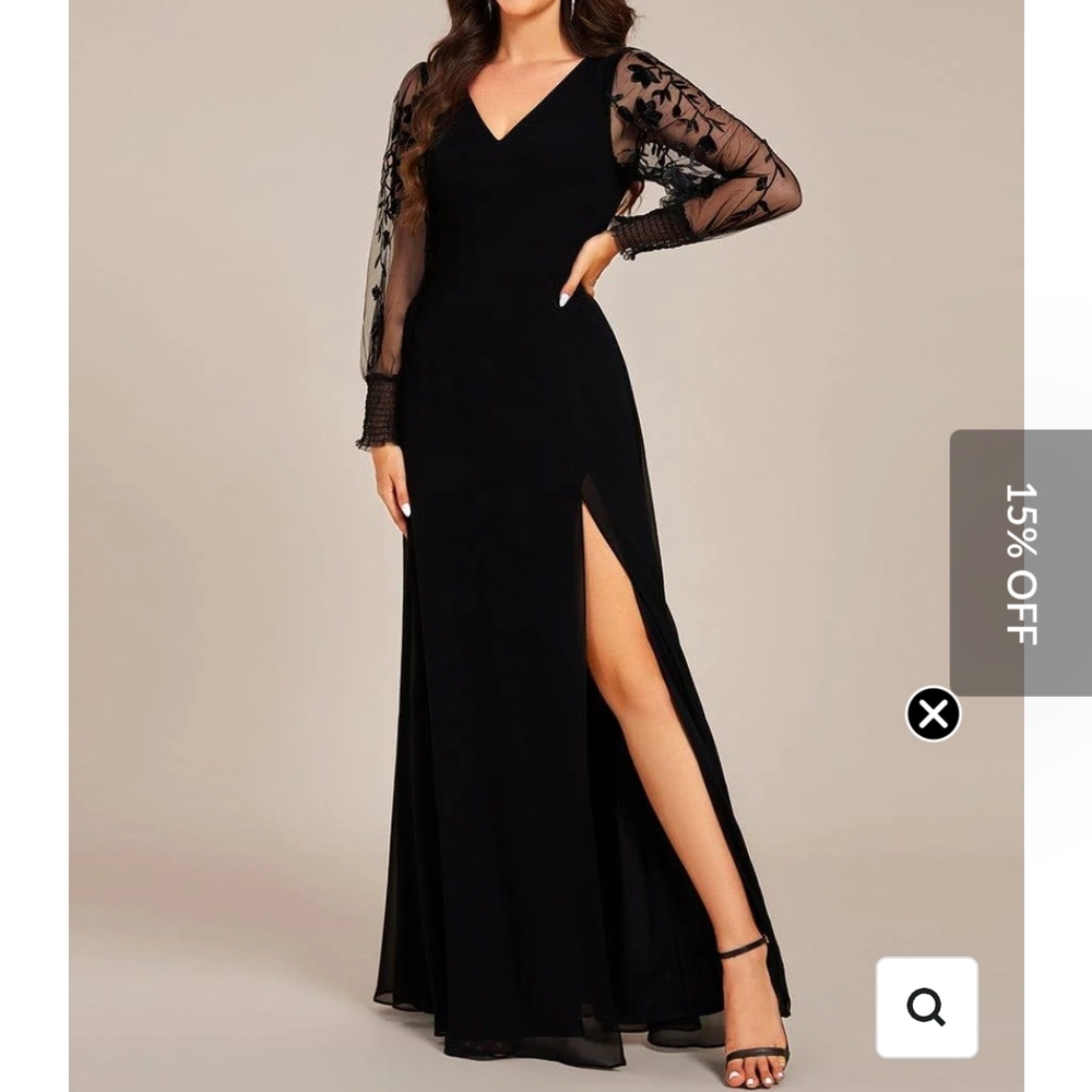 Chic Black Maxi Dress with Sheer Floral Sleeves